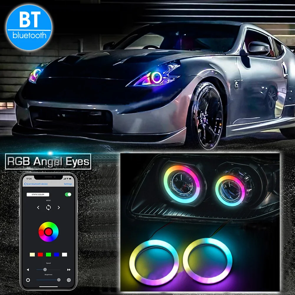 

2 шт./компл. Rgb Ангельские глазки Bluetooth App Управление гало кольца Cob хлопок Автомобильная сигнальная фара дальнего света фар 70-80-90-95-100-110-120mm