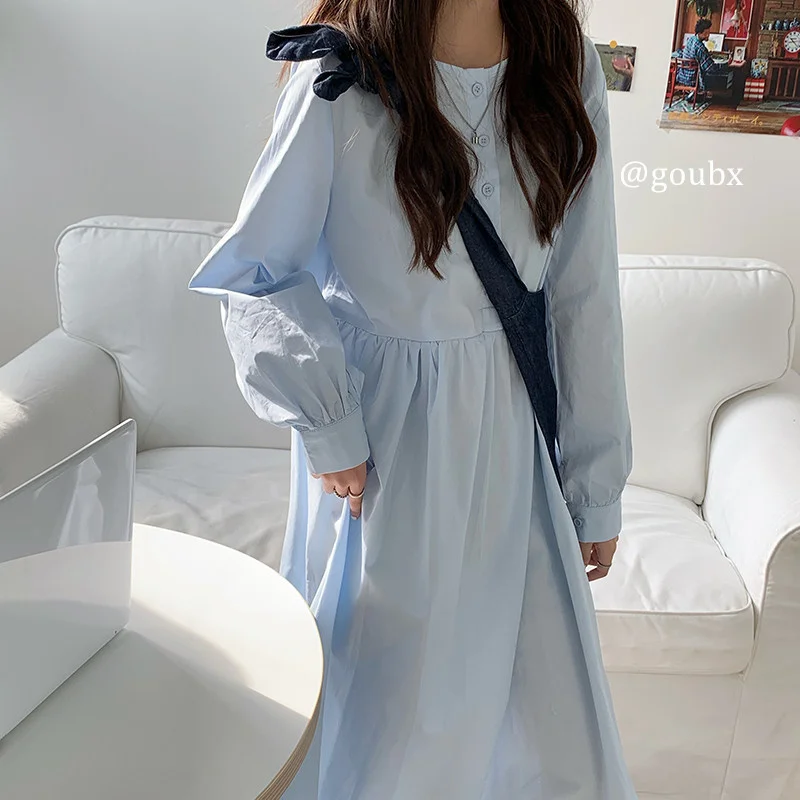 

2021new Early Salt Age-Reducing Light Blue Long Sleeve Skirt Children 'S College Style Retro Small Size Dress Jum