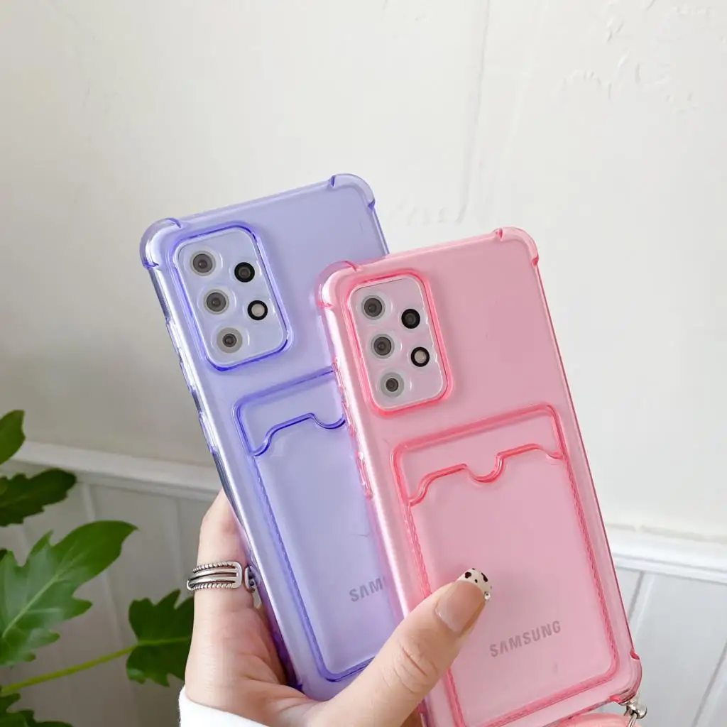 Card Holder Wallet Clear Rope Case For Samsung Galaxy A12 A32 5G A52 A72 A82 A02S S20 FE Ultra S21 Plus Lanyard Strap Hang Cover