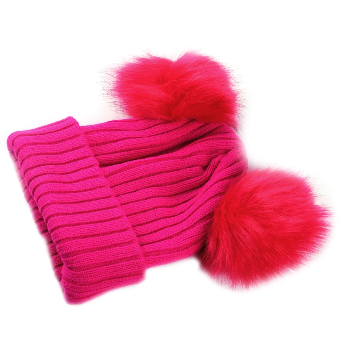 Pink Меховая шапка с помпоном для женщин и девочек, зимние толстые вязаные шерстяные шапки Skullies Beanies с двумя меховыми помпонами, теплые шапки - Цвет: Pink