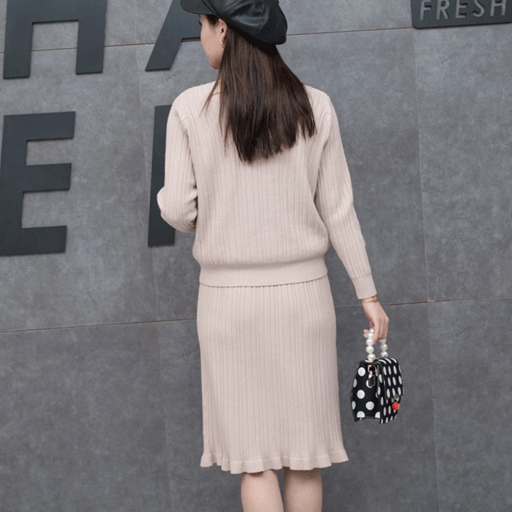 LXMSTH Женский вязаный костюм с юбкой осенне-зимний комплект со шнуровкой