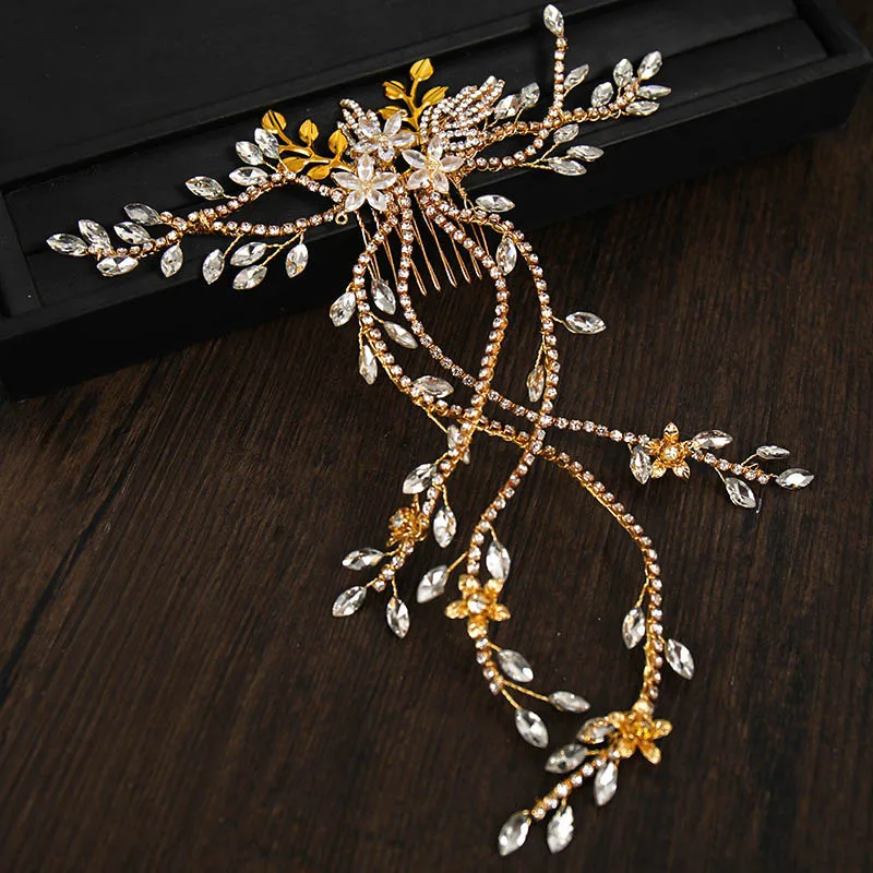 

Luxury Long Crystal Flower Leaf Bride Hair Accessories For Women Handmade Comb Headdress Headpiece Tiara Wedding Head Jewelry