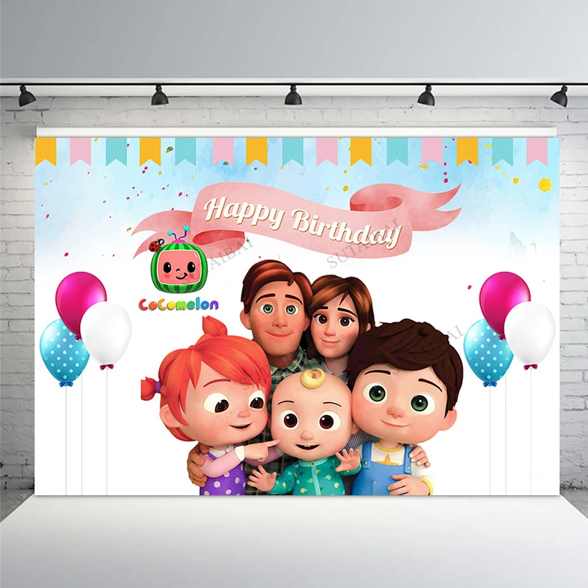 

Cartoon Cocomelon Family Theme Party Backdrop Bunting Balloons Baby Birthday Custom Photography Backgrounds For Photo Studio