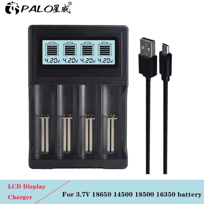 Зарядное устройство PALO для литий ионных аккумуляторов 4 слота ЖК дисплей 18650 14500