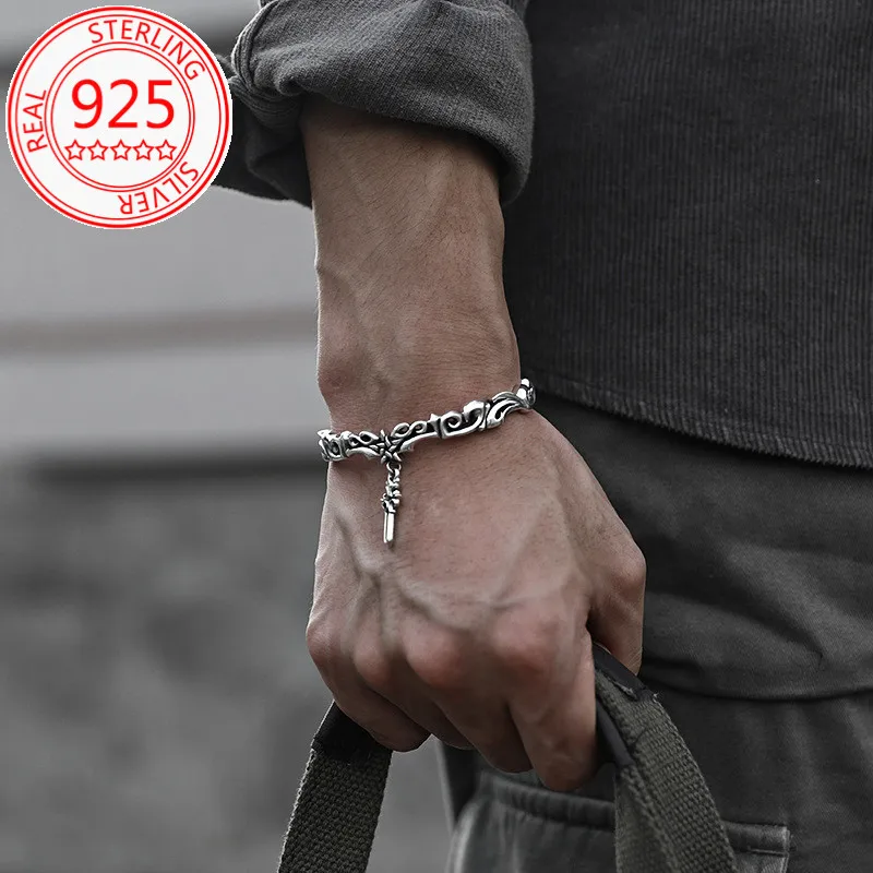 S925Vintage Thai Silver Men's Cuff Bracelet Jewelry,Five Pointed Star Cross Pattern Personalized Women's Couple Bracelet Jewelry