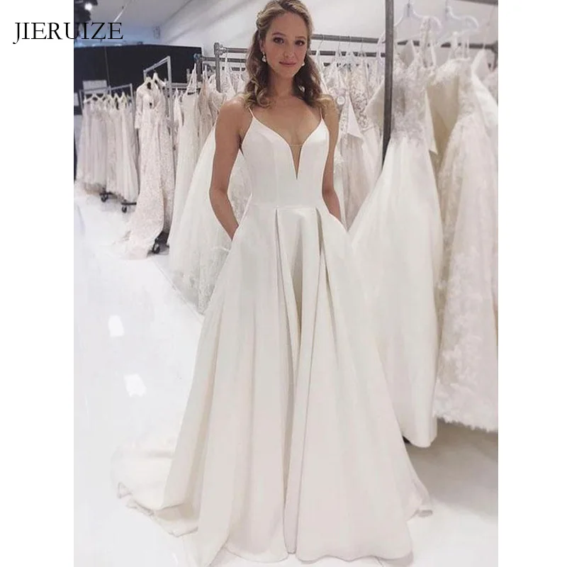JIERUIZE белые атласные Простые Свадебные платья Глубокий v образный вырез на тонких