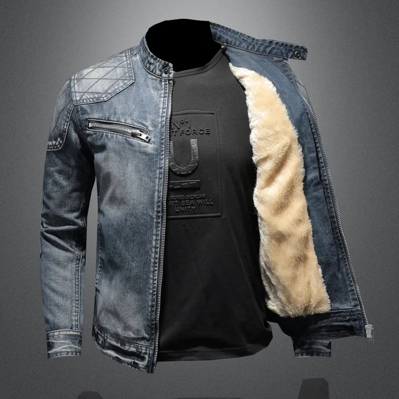 

Personality Stand Collar Motorcycle Denim Jacket Men's Winter Plus Velvet Thick Warm Jean Coat Male Retro Washed Zipper Overcoat