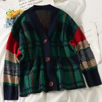 sweater cardigan womens retro color blocking plaid fall 2021 loose and thin long sleeve knitted top cardigan sweater