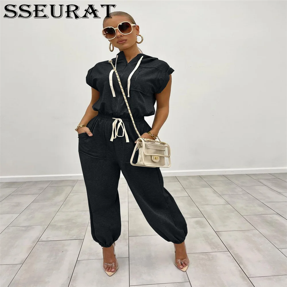 

Спортивный костюм SSEURAT женский однотонный, толстовка с коротким рукавом и брюки, комплект из 2 предметов, спортивный костюм для активного от...