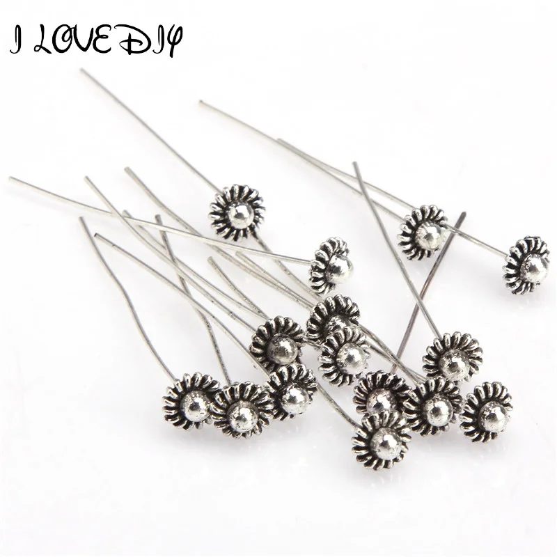 20Pcs Antique Silver Metal Flower Long Head Pins for Jewelry Making Diy Beads Ball Findings Accessories 50mm | Украшения и