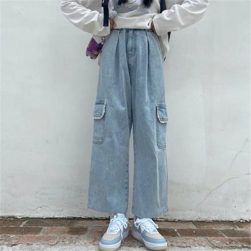 

Джинсы женские прямые однотонные с большими карманами, модные брюки из денима в стиле Харадзюку, модная уличная одежда, модные осенние джин...