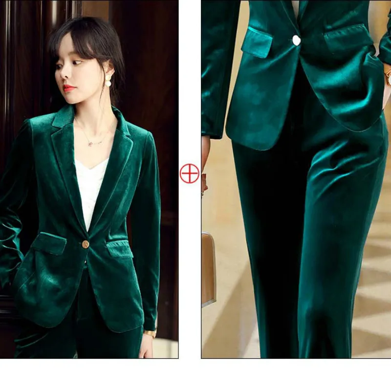 

Woman suits lady suit office High quality gold velvet fashion long sleeve blazer female Pants suit 2019 winter new style