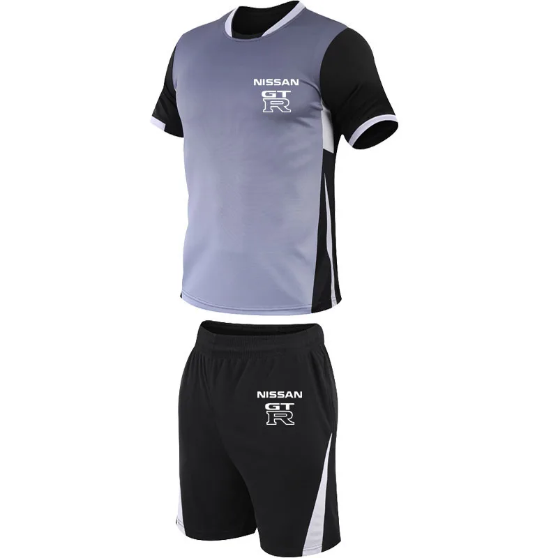 

2021New Gradient contrast Men Cotton T-shirt GTR car logo print (Shirt+Short)Summer Casual fashion Breathable sports 2-piece set