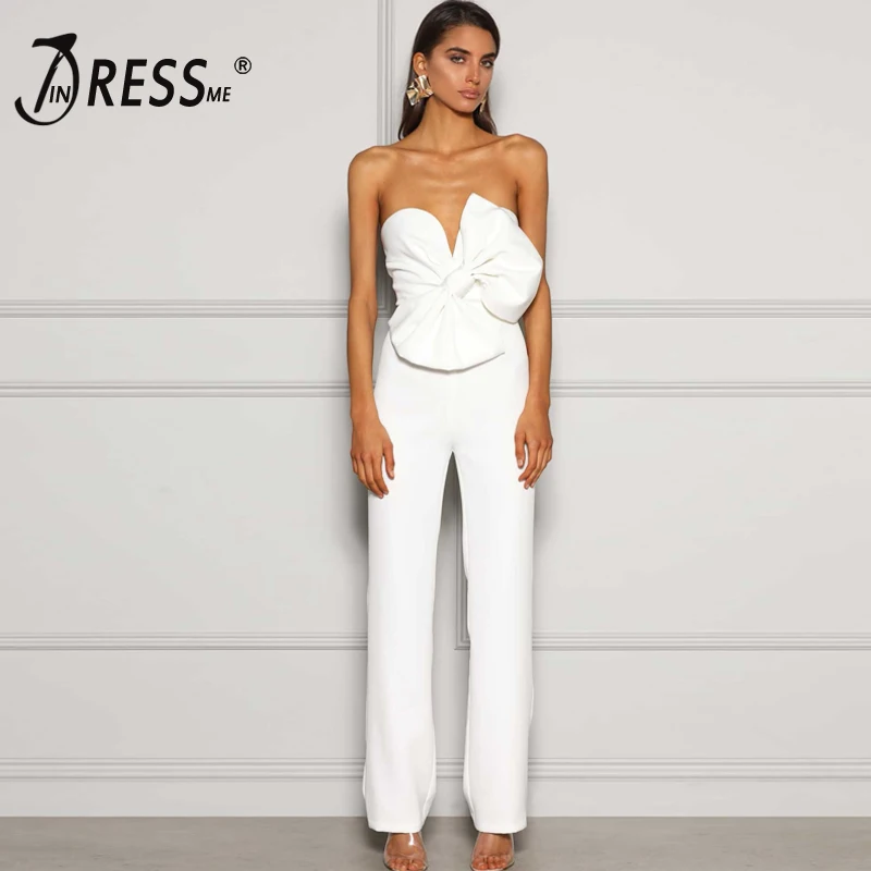 INDRESSME 2020 Women's Bodycon Strapless Bow V Neck Sleeveless Jumpsuit New Sexy Fashion Party Vestido Club Summer Jumpsuit