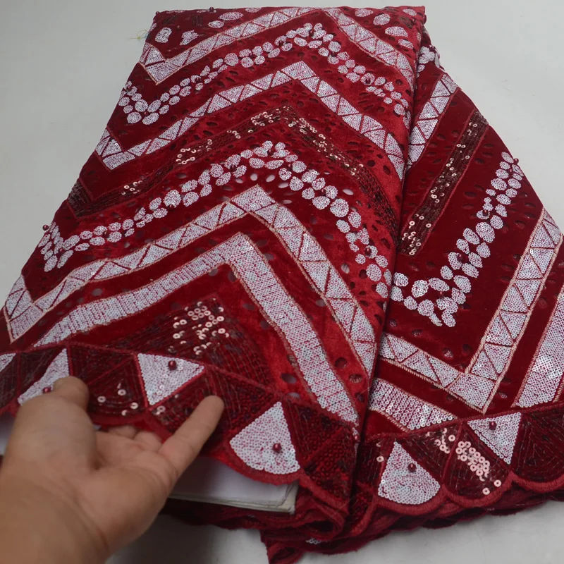 

6 colors high grade pink African velvet lace fabric with fancy sequins embroidery and beads for party dress FLP168