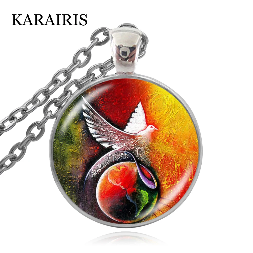 

KARAIRIS Hot Hippie Sign Peaceful World Necklace Pendant Jewelry Glass cabochon Dove of Peace Necklace Art gift for women men