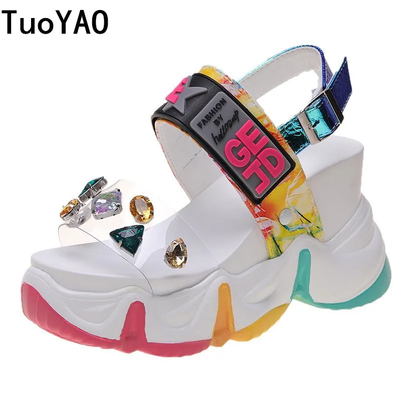 

Сандалии женские массивные, танкетка 9,5 см, высокий каблук, пряжка, платформа, кожа, повседневные летние шлепанцы, лето 2021