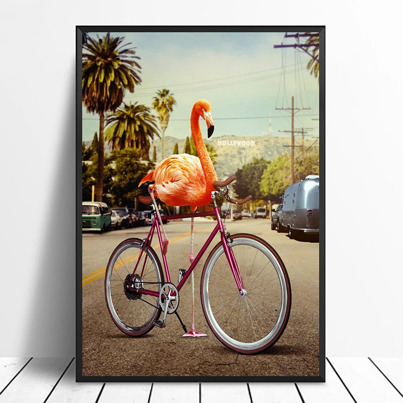 Настенная картина с изображением розового велосипеда и фламинго креативный