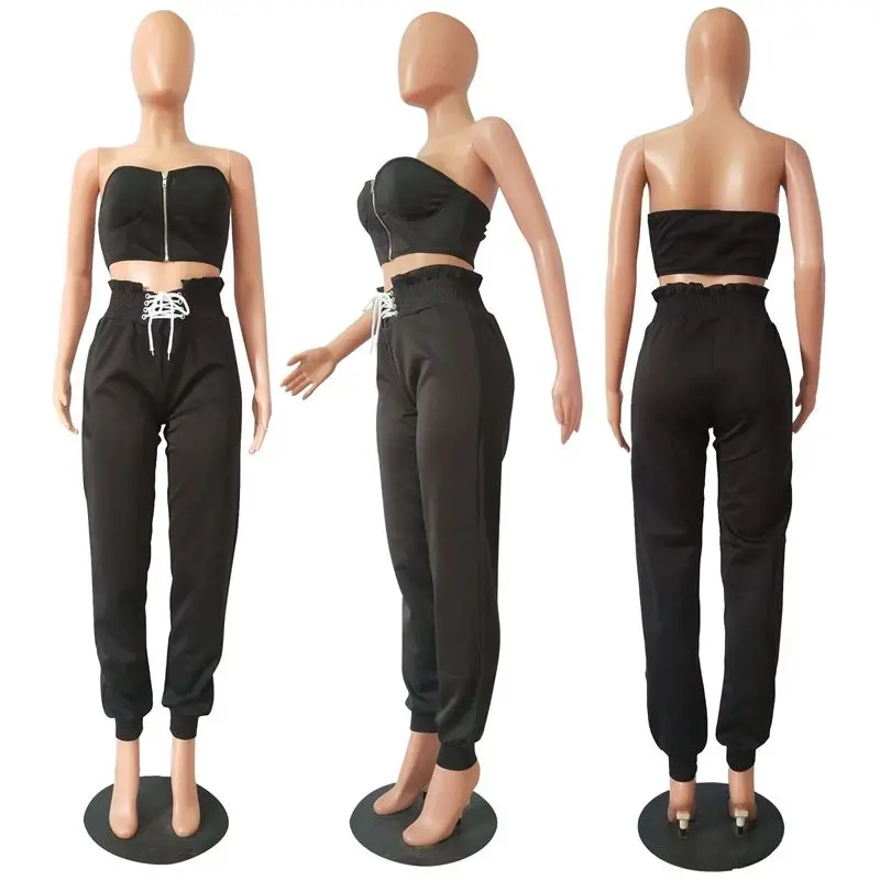 

ZKYZWX Sexy 2 Piece Set Women Summer Clother Crop Top Lace Up Pant Sweat Suits Lounge Wear Club Outfits Two Piece Matching Sets