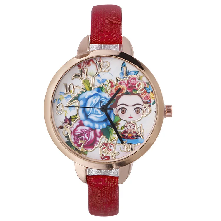 

Bride Flower Pattern Luxury Bright Leather Thin Strap Quartz Wrist Watch Women's Fashion Rose Gold Digital Quartz Watch gifts