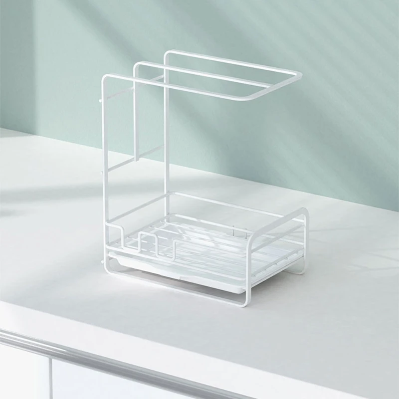 

Kitchen Iron Rags Rack with Drain Tray Sponge Cleaning Cloth Soap Brush Holder Shelf Organizer
