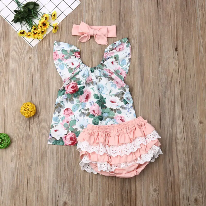 

3Pcs Newborn Toddler Baby Girl Casual Clothes Print Short Sleeves Tops Lace Cute Shorts Headwear Summer Clothes 3M-3Years