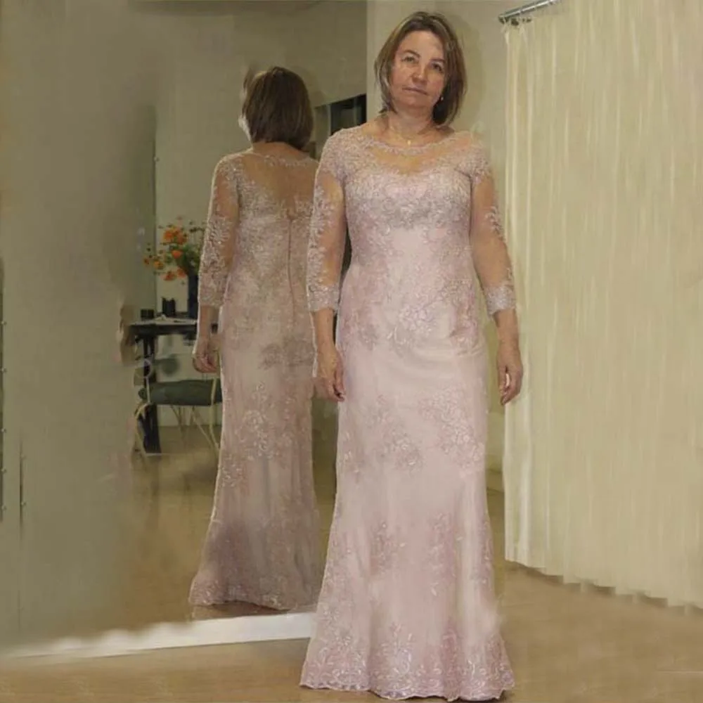 

Eledant Pink 3D-flower Lace Mermaid Mother Of The Bride Dresses Backless Long Sleeve Wedding Evening Dress O-neck Plus Size