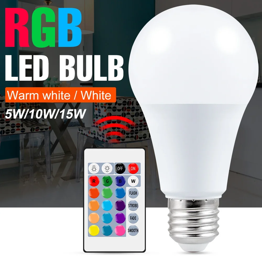 

220V RGB Bulb 110V Led Light LED Smart Lamp Home 5W 10W 15W Colorful Ampoule IR Remote Control Bombilla RGBWW Indoor Decor Light