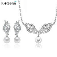 luoteemi elegant angle wings women wedding bridal earring necklace jewelry sets white pearl with shinning cubic zirconia accesso