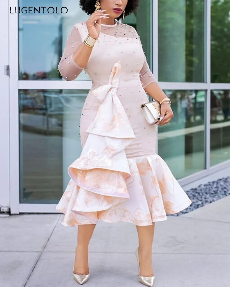 

Women Dress Elegant Party Spring Autumn Dresses Lady Sexy Beaded Slim High Waist Long Sleeve O-neck Long Dress Lugentolo