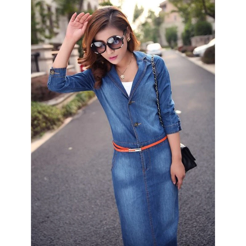 

2019 Women Denim Dress Longer Lapel Single-Breasted Fashion Dresses Spring Autumn Solid color Casual Denim Vestidos With Belt
