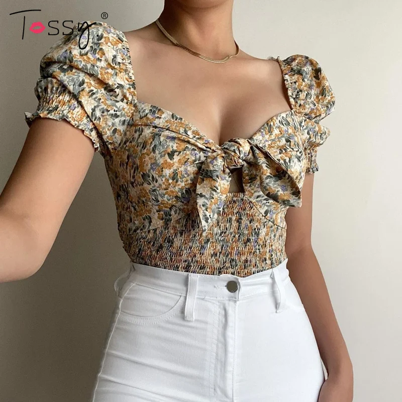 

Tossy Floral Printed V-neck Crop Top For Women 2021 Summer Puff Sleeve Slim Corset Sexy Streetwear Bow Vintage Bodycon T-shirt