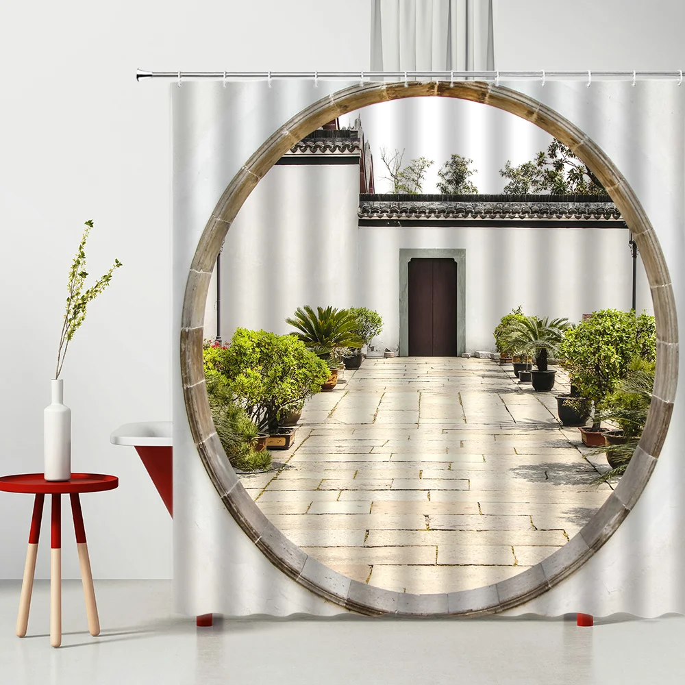 

Shower Curtains Chinese Style Architectural Landscape Tang Feng Building Arch Bridge Polyester Fabric Mildew Proof Cloth Curtain