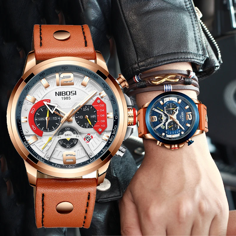 

NIBOSI Retro Fashion Leather Watch For Men 3ATM Waterproof Sport Quartz Watchs Mens Chronograph Wristwatch Relogio Masculino