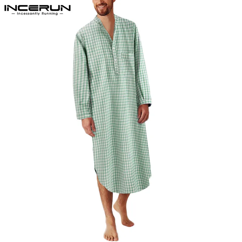 

INCERUN Men Plaid Robes Sleepwear Stand Collar Soft Comfortable Long Sleeve Dress Nightgown Leisure Men Bathrobes Homewear S-5XL