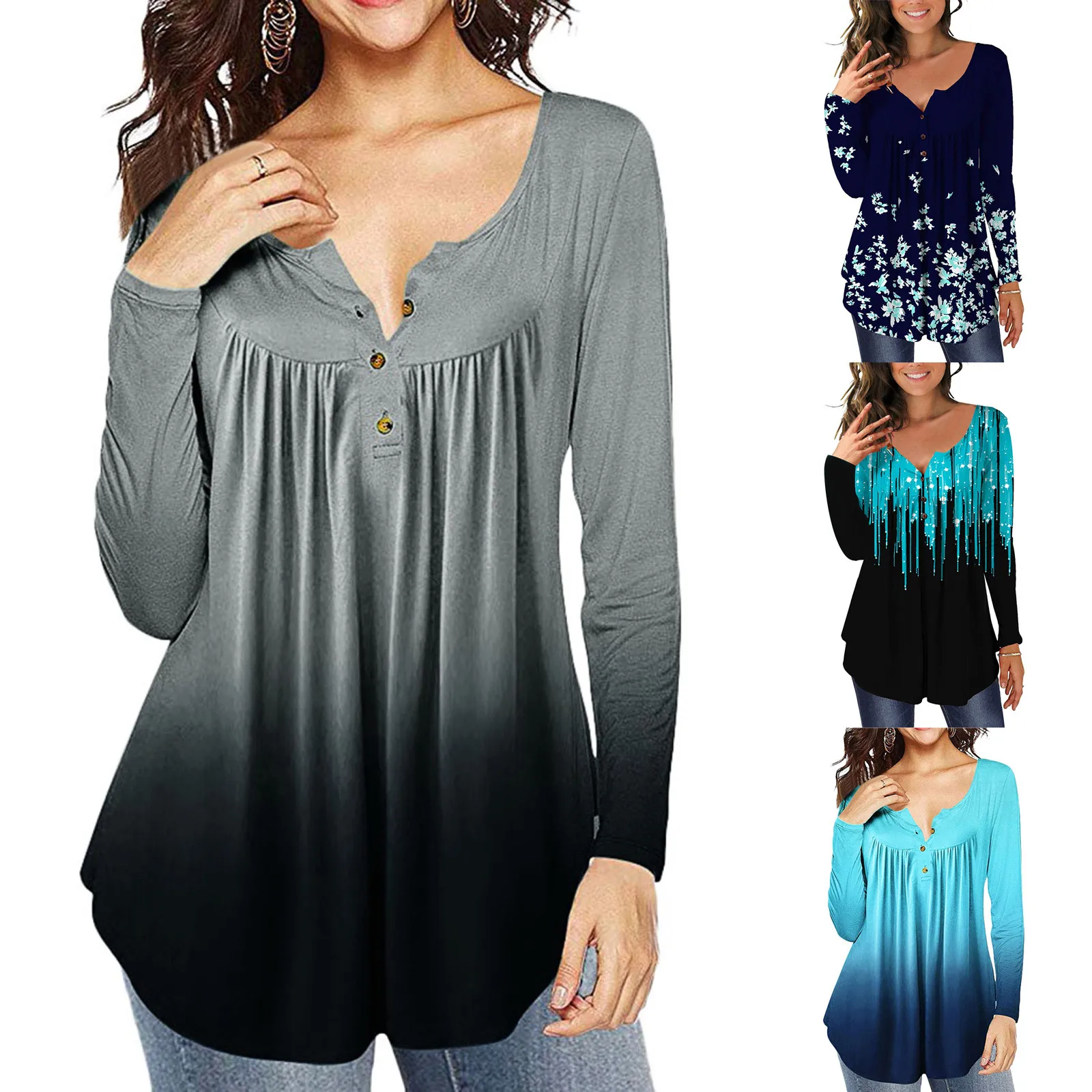 

Kawaii Women Plus Size Gradient V-neck Long Sleeve T Shirts Button Pullover Blouse Tops Harajuku Dress Korea Костюмы С Юбкой Y2k