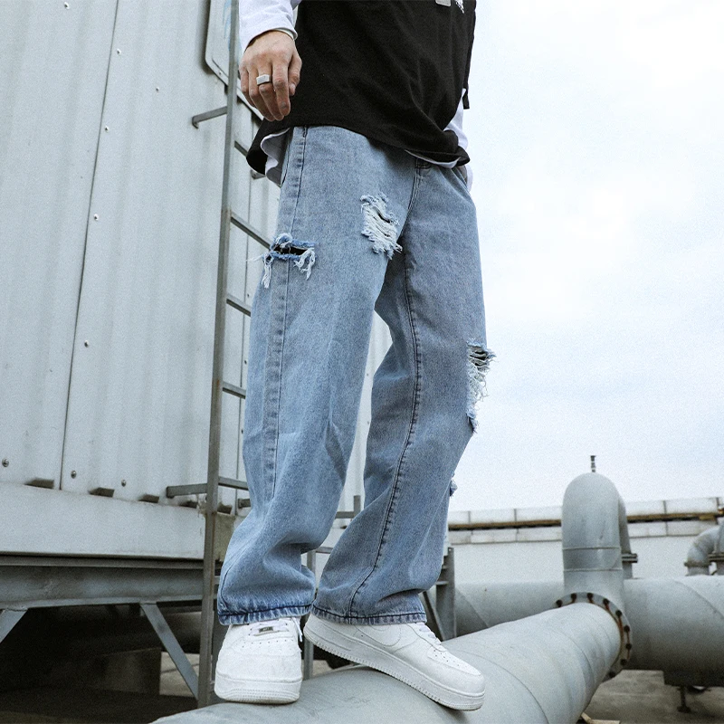 European American Street Style Fashion Men Jeans Loose Fit Retro Blue Destroyed Ripped Jeans Men Hip Hop Wide Leg Pants