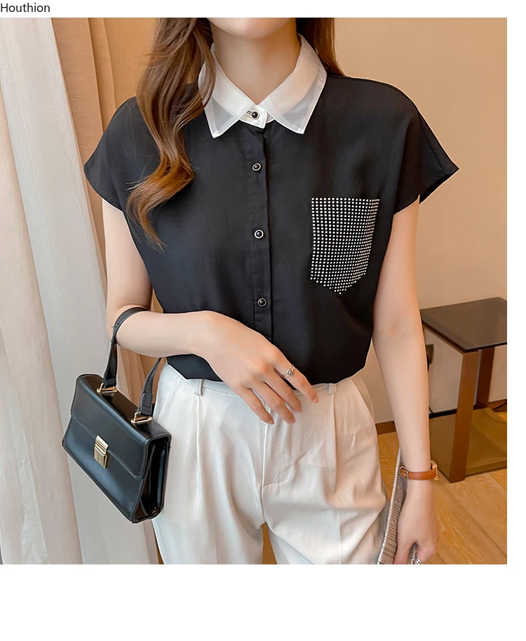 

Houthion Chiffon Women's Blouses Fashion Short Sleeve Top Pocket Polo Shirt Summer New Casual