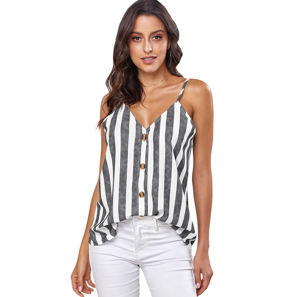 

Майка женская с V-образным вырезом, пикантная модная полосатая однобортная рубашка без рукавов, на пуговицах, топ на бретелях, черный, лето ...