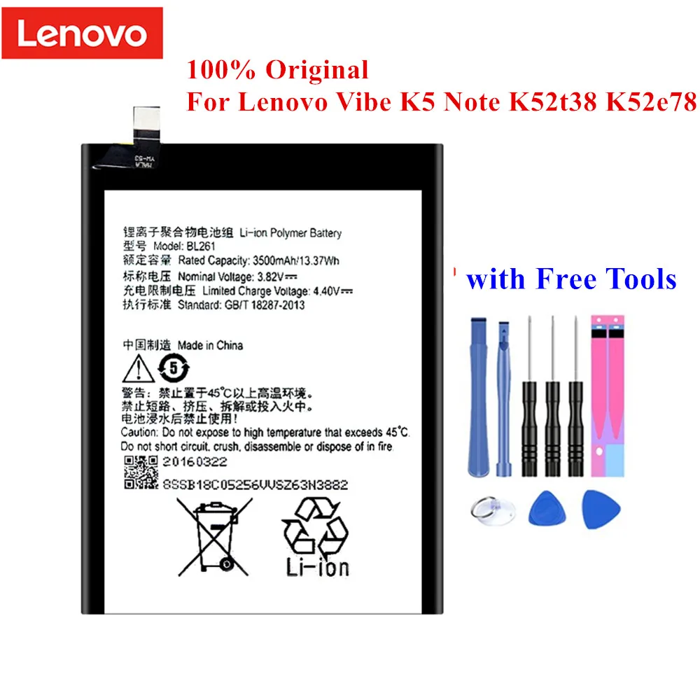 100% Оригинальный аккумулятор BL261 для Lenovo Vibe K5 Note Lemon A7020a40 A7020a48 K52t38 K52e78 3500 мАч с