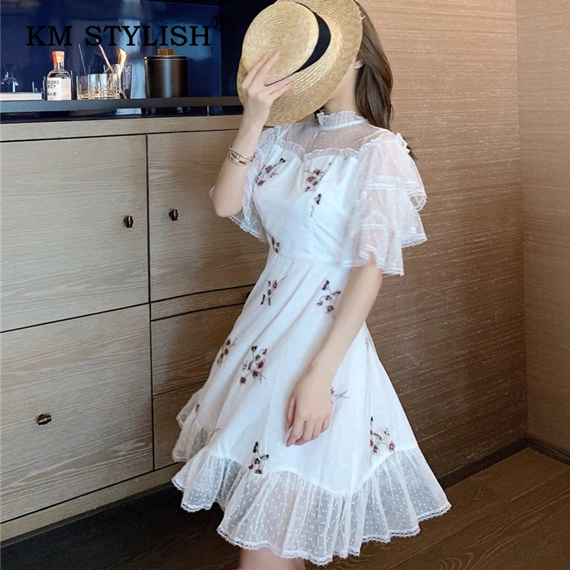 

Summer Women Mesh Patchwork Floral Embroidery Casual Dresses White O-Neck Short-sleeve Fashion Dress