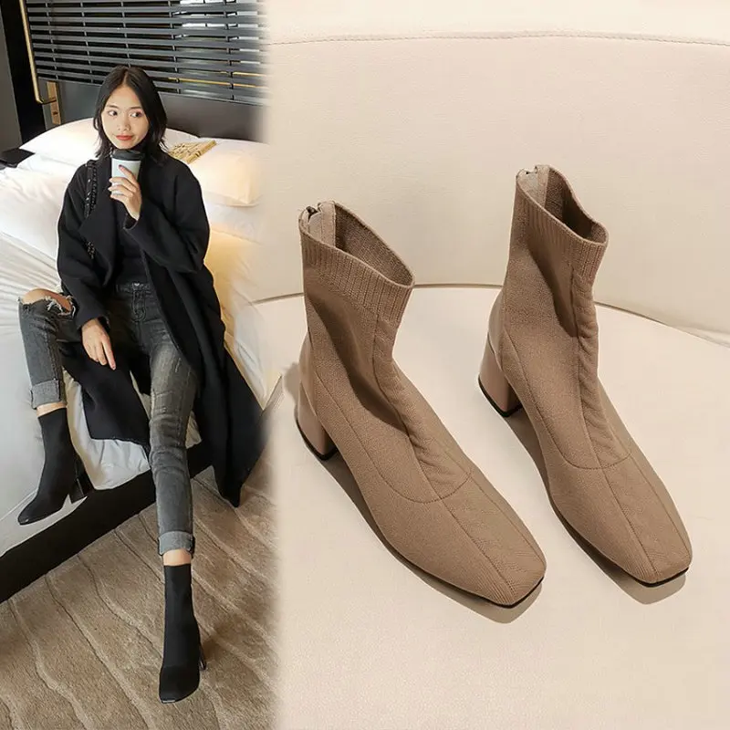 

Genuine Leather knitting Ladies Ankle Boots For Women Popular High Heels Shoes Woman Winter Party Casual Winter Boots