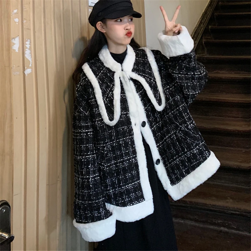 Женское шерстяное пальто толстое твидовое Свободное в клетку с кроличьими