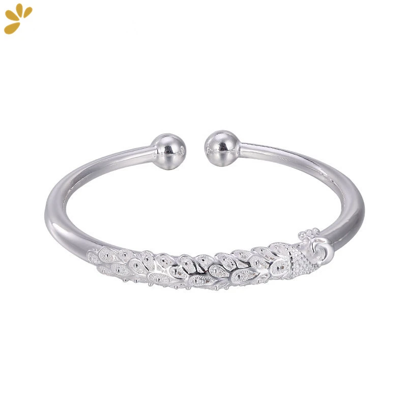 

Vintage 999 Sterling Silver Peacock Open Bangle Bracelets Simple Ethnic Bangles Resizable Fine Jewelry for Women Cute Trendy