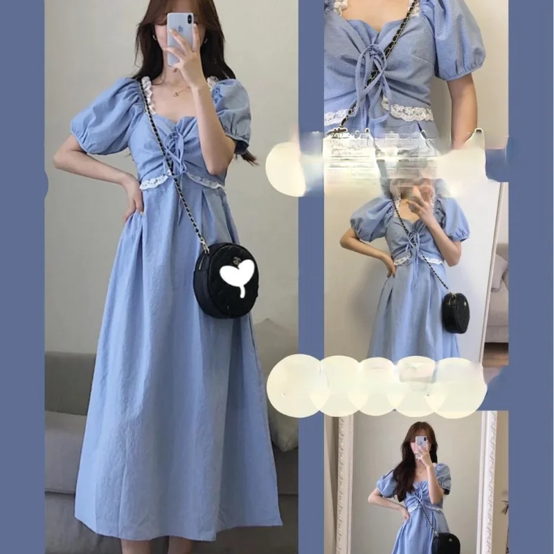 

HOUZHOU Summer Elegant Vintage Dress Women Blue Lace Puff Sleeve Dresses Sweet Bandage French Style Fashion Casual Long Robe