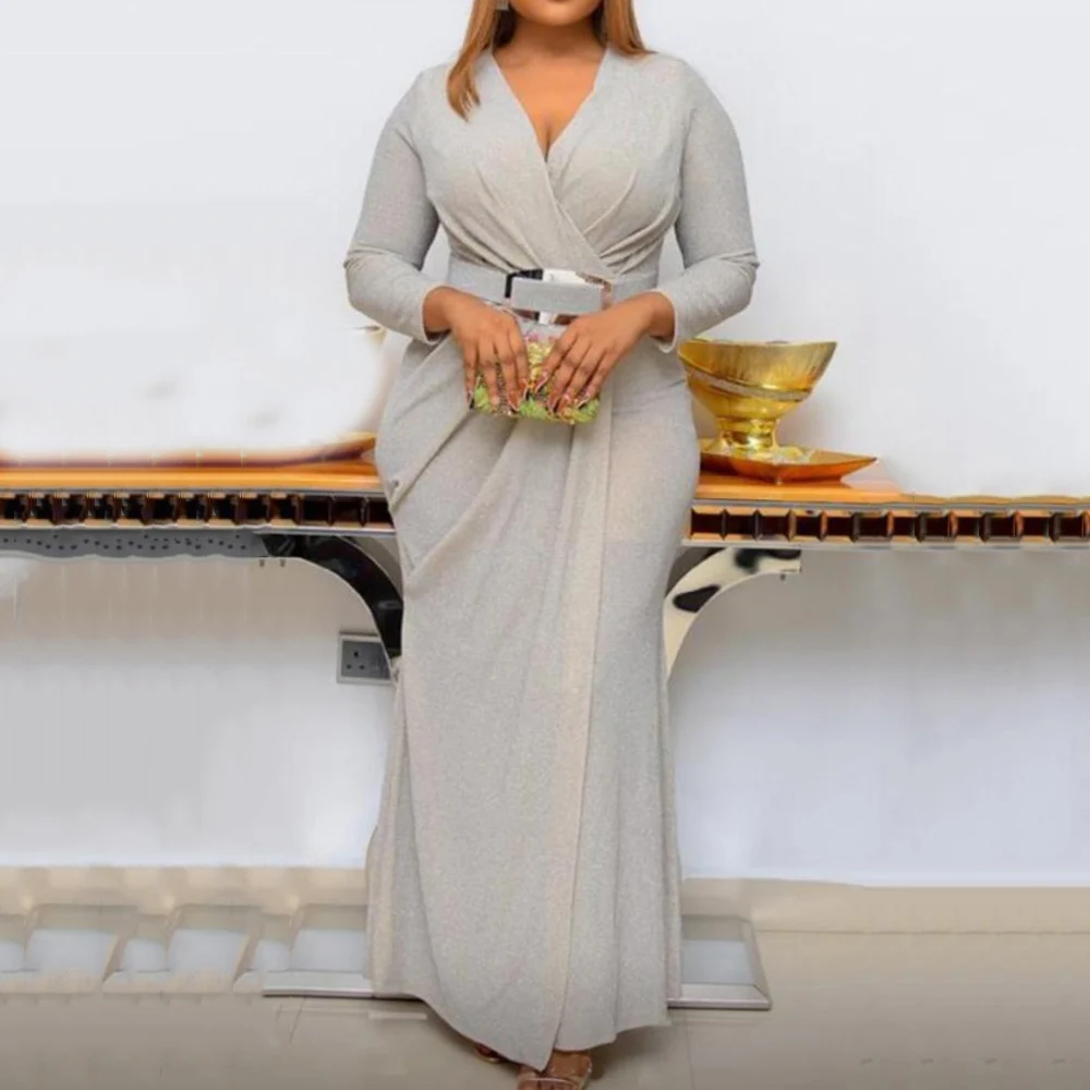 

Long Elegant Dress Women Wedding Party African Glitter Shiny Autumn V Neck Female Classy Evening Maxi Dresses Formal Plus Size