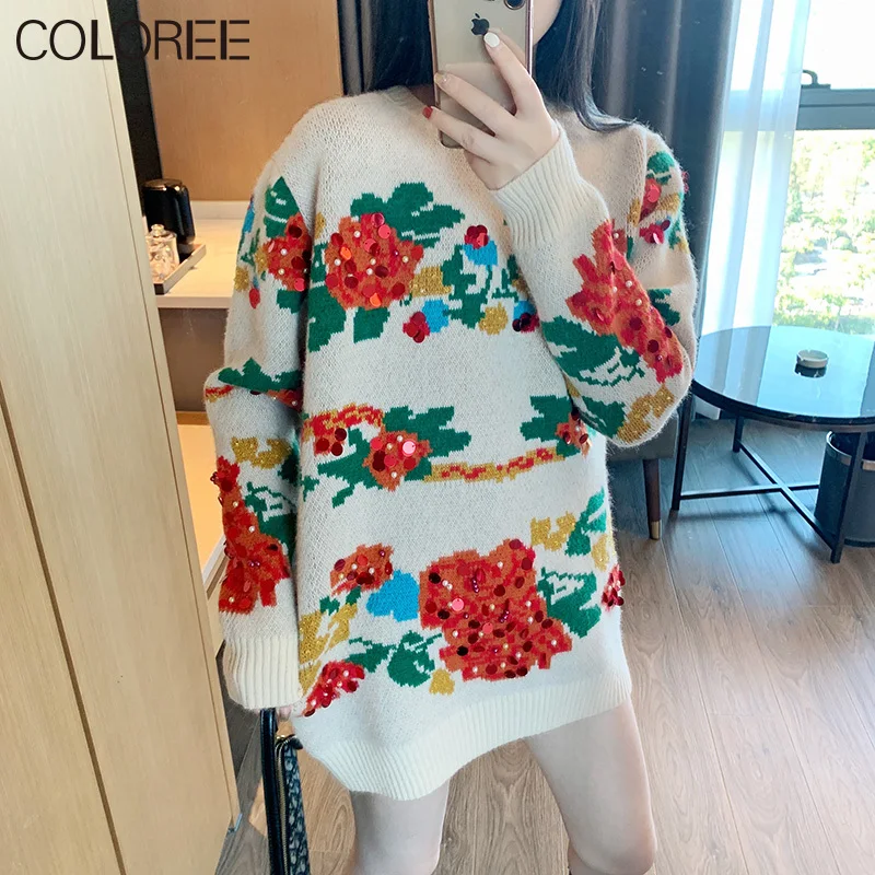 

Ugly Christmas Sweater 2020 Runway Designers Fashion Sequined Beading Flower Knitted Pullover Thicking Autumn Winter Clothes