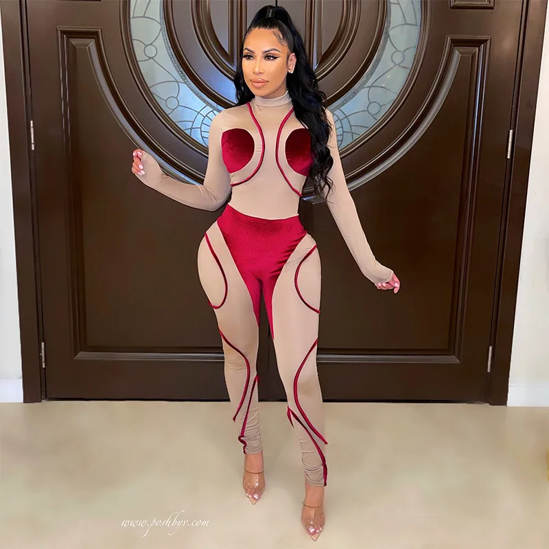 

2021 Rompers Womens Jumpsuit Fall Outfits Sexy Long Sleeve Bodysuit Turtleneck Nightclub Mesh Elegant Jumpsuits Wholesale