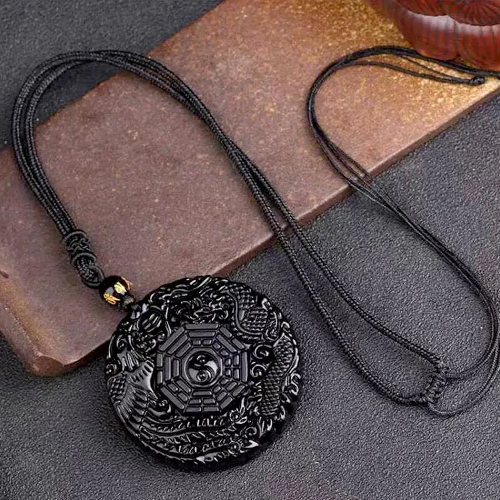 

2021 New Fashion Black Obsidian Carving Dragon and Phoenix Necklace Pendant Obsidian Lucky Pendants