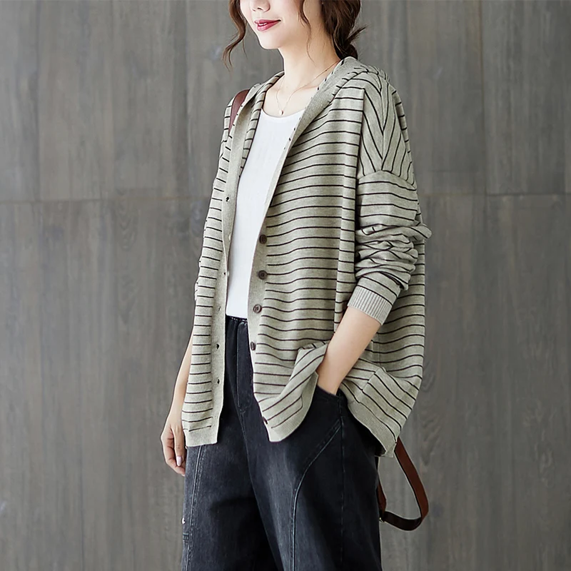 

New Women Knitting Cardigan Sweater Long Sleeve Stripe Hooded V Neck Button Oversized Female Loose Casual Coat Knittwear Tops